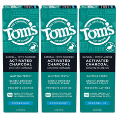 Front view of Tom's of Maine Activated Charcoal toothpaste 4.7 oz 3-pack in peppermint flavor