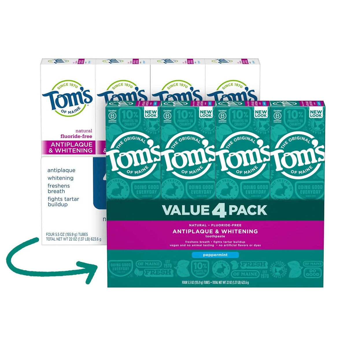 Main image of Tom's of Maine Fluoride-Free Antiplaque & Whitening Toothpaste Peppermint 5.5 oz 4-pack