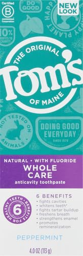 Back of Tom's of Maine Whole Care Toothpaste Peppermint 4 oz packaging