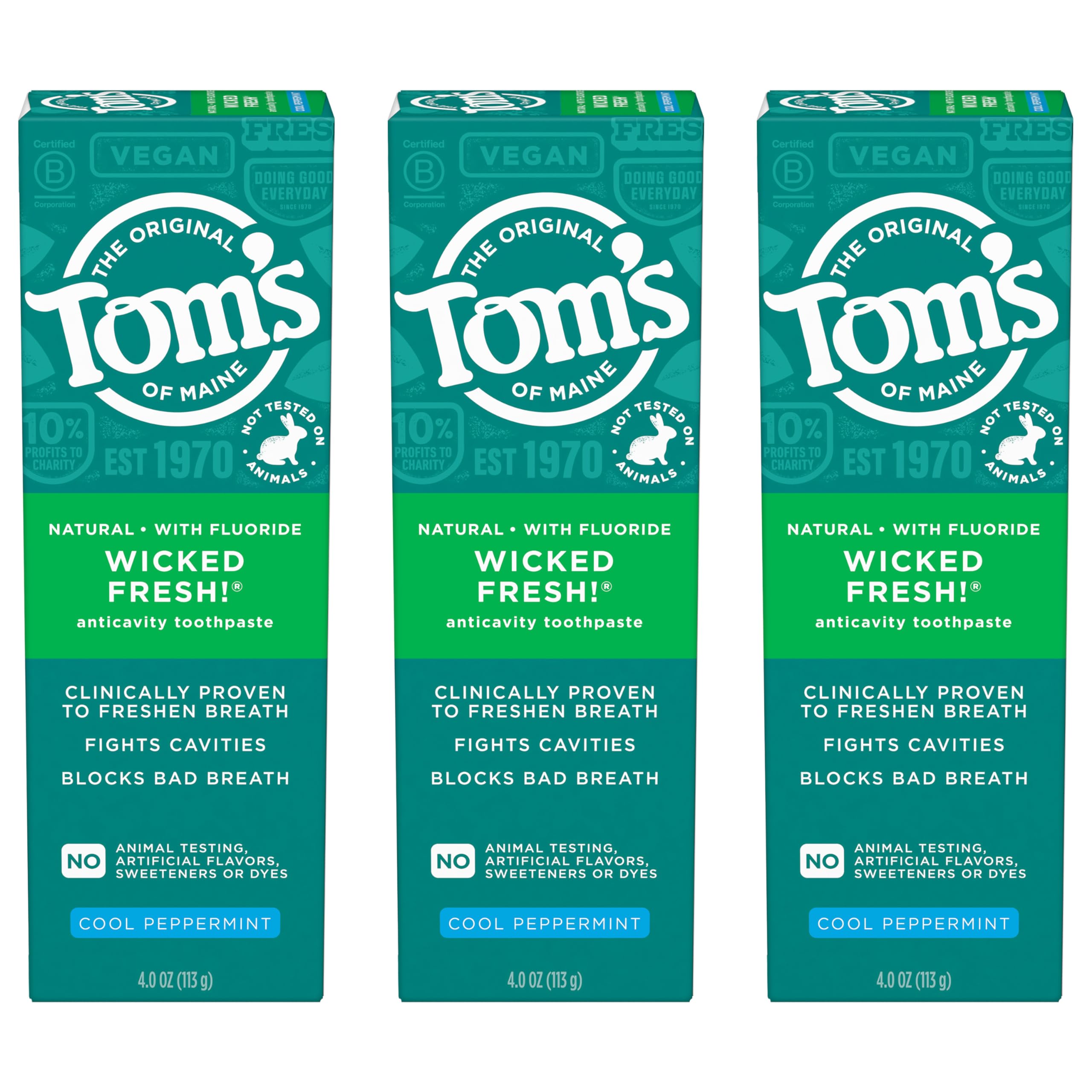 Three 4 oz tubes of Tom's of Maine Wicked Fresh 3-pack toothpaste visible from the front