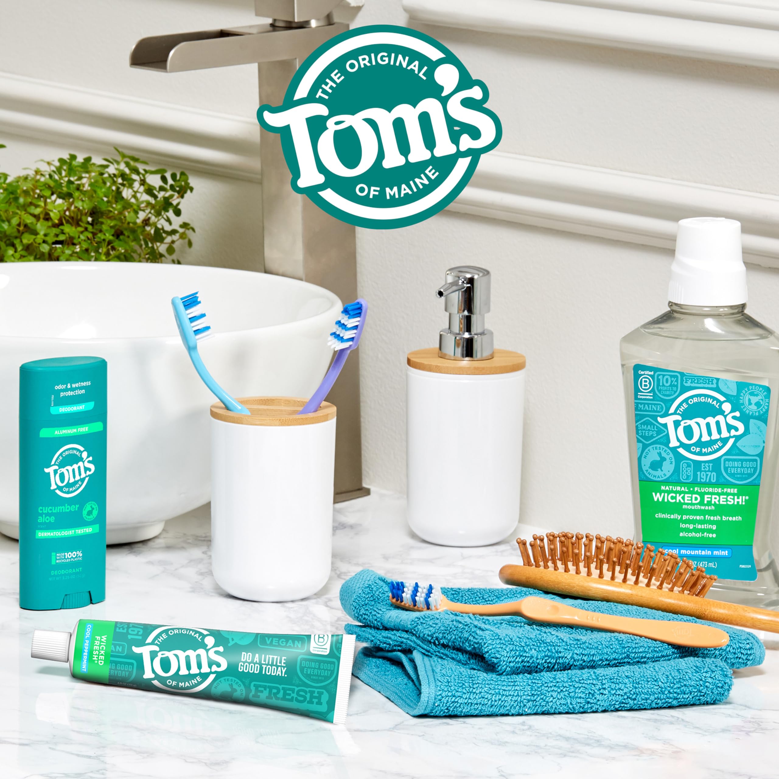 Lifestyle shot highlighting fresh breath benefits of Tom's of Maine Wicked Fresh