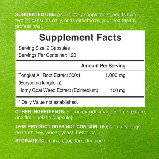 Capsule bottle containing Tongkat Ali 300:1 and horny goat weed capsules close-up