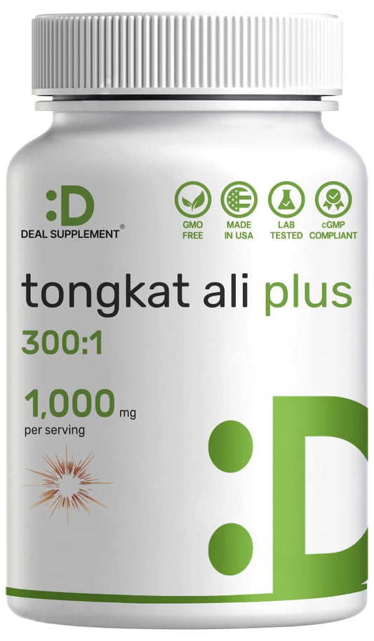Bottle of Tongkat Ali Extract 300:1 with Horny Goat Weed 1100mg showing label