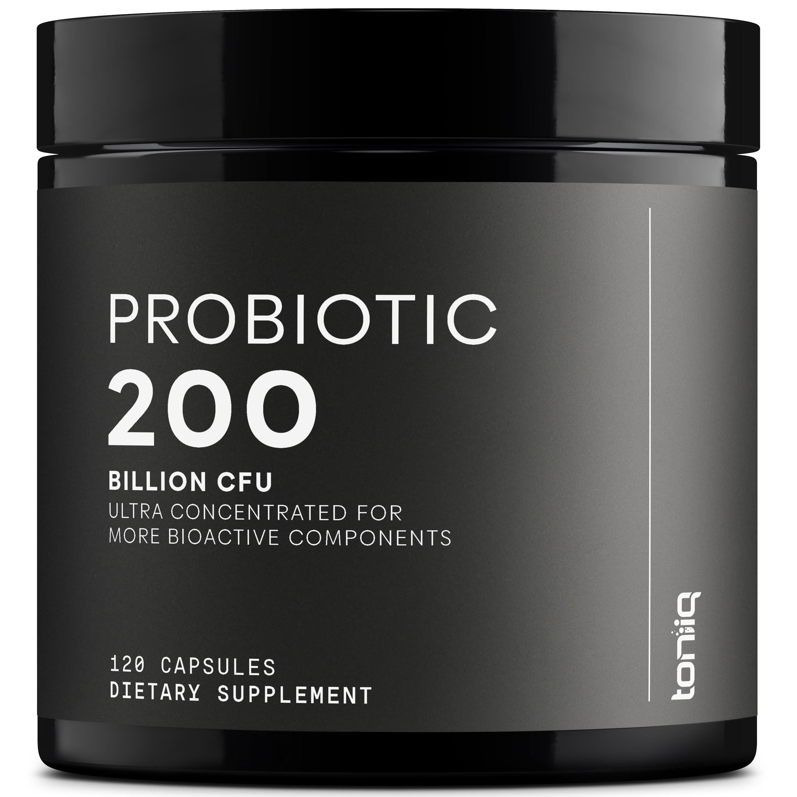 Toniiq 200 Billion CFU probiotic bottle on shelf for daily use.