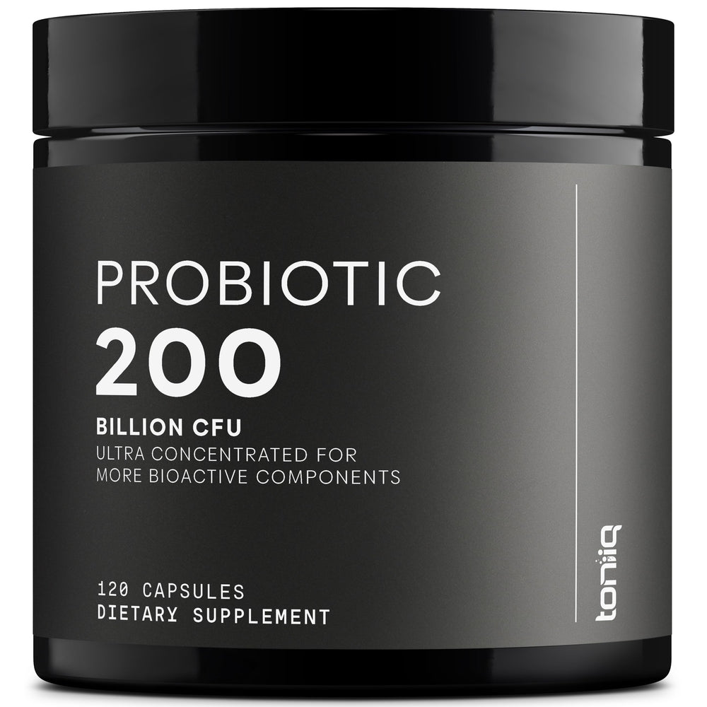 Toniiq 200 Billion CFU probiotic bottle on shelf for daily use.