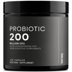 Toniiq 200 Billion CFU probiotic bottle on shelf for daily use.