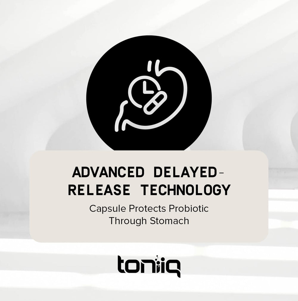 Batch testing lab report next to Toniiq probiotic bottle.