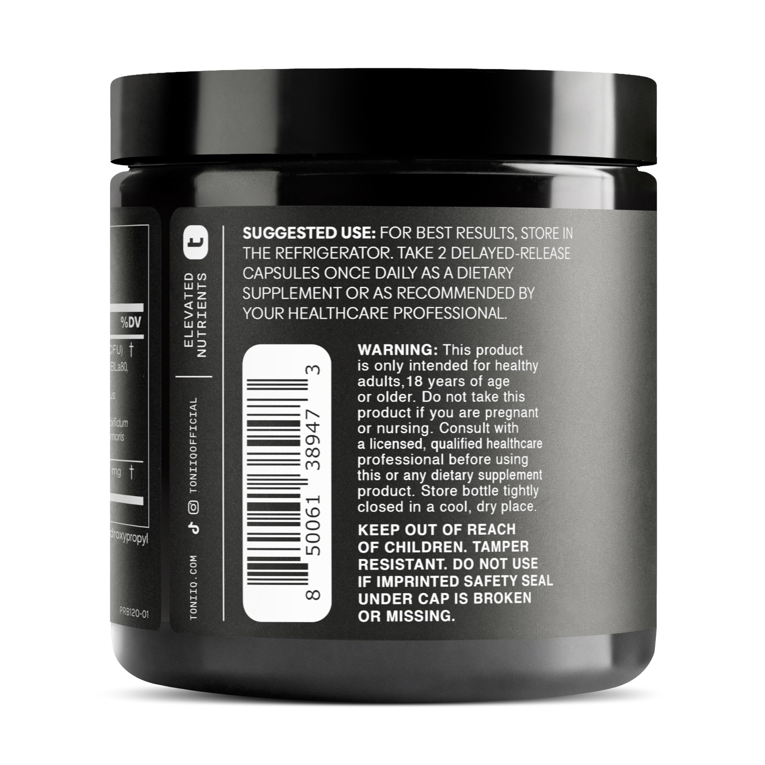 Toniiq multi-strain probiotic capsules highlighting broad spectrum benefits.