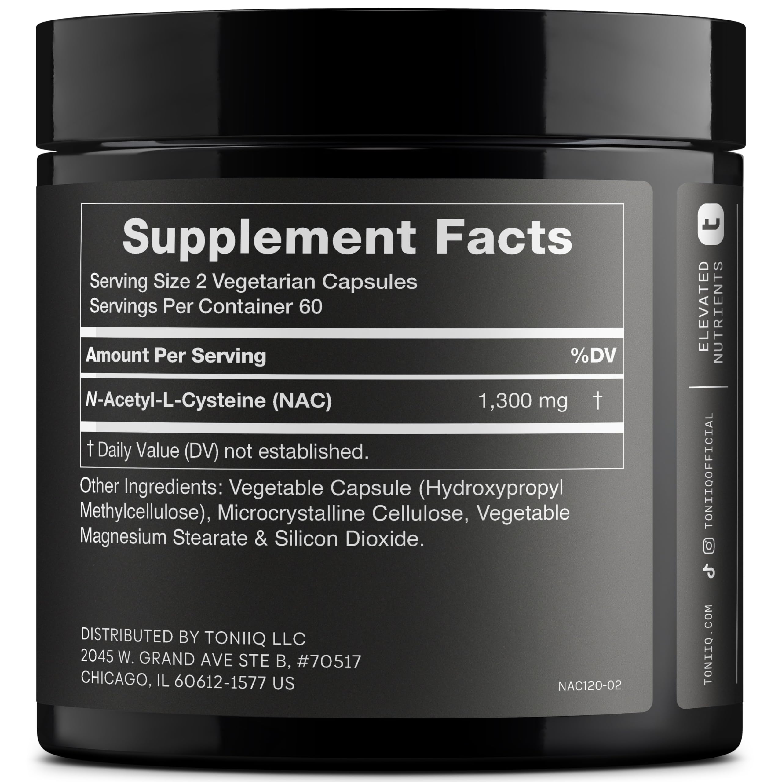 Toniiq NAC 1300mg 120-capsule bottle back view