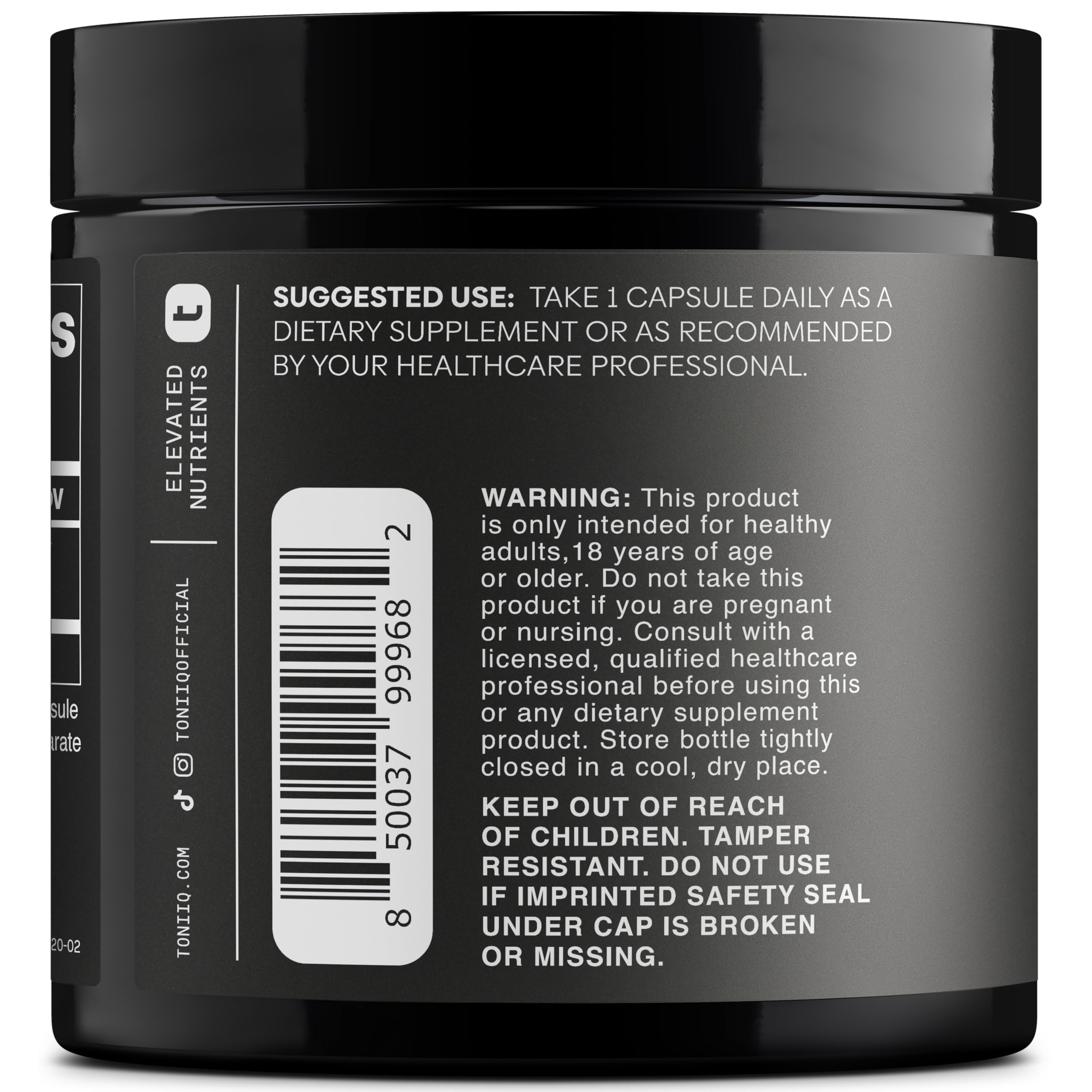 Supplement facts panel showing 40mg PQQ per capsule