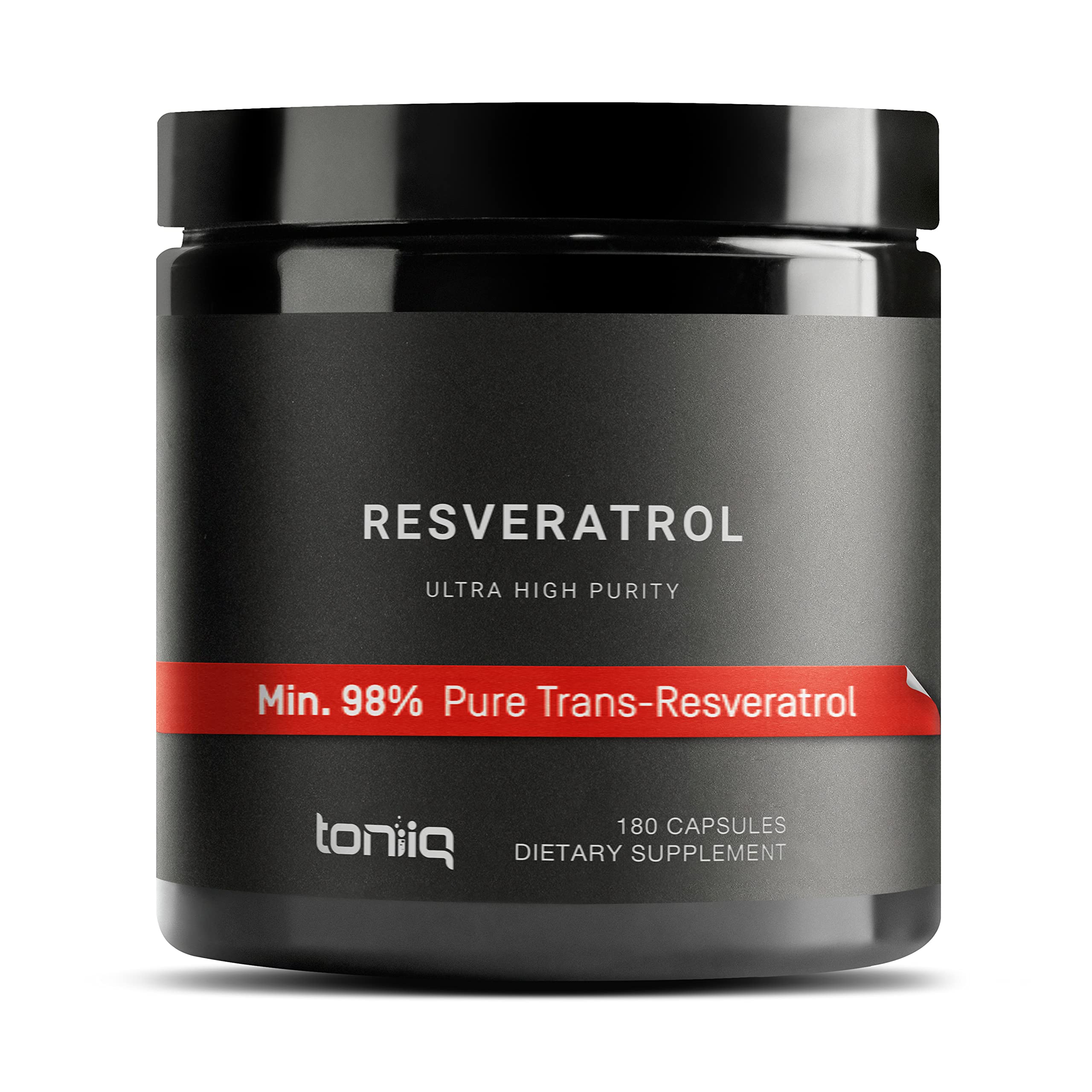 Toniiq Resveratrol bottle shows 600 mg per serving for daily antioxidant support.