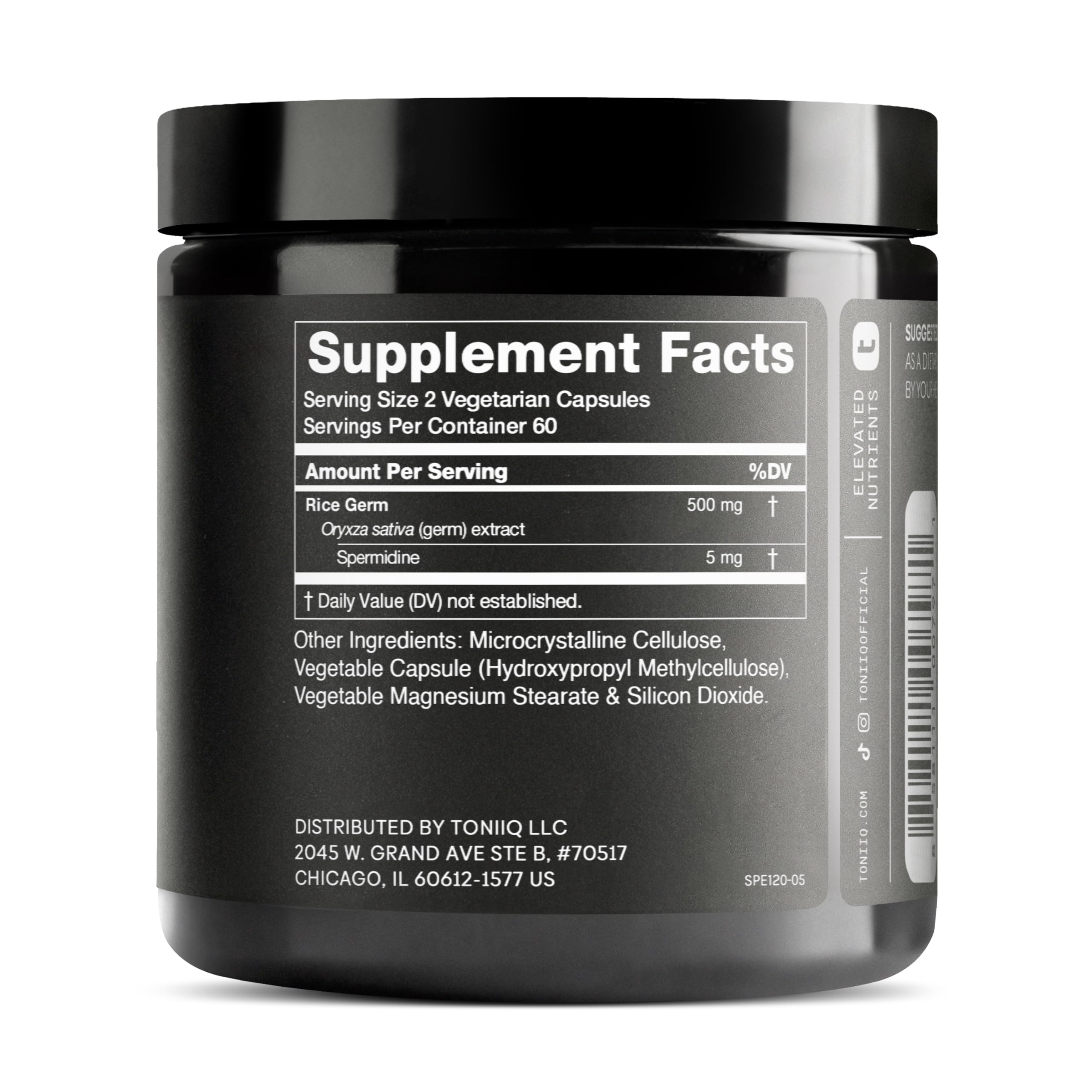 Toniiq Spermidine label showing potency and standardization