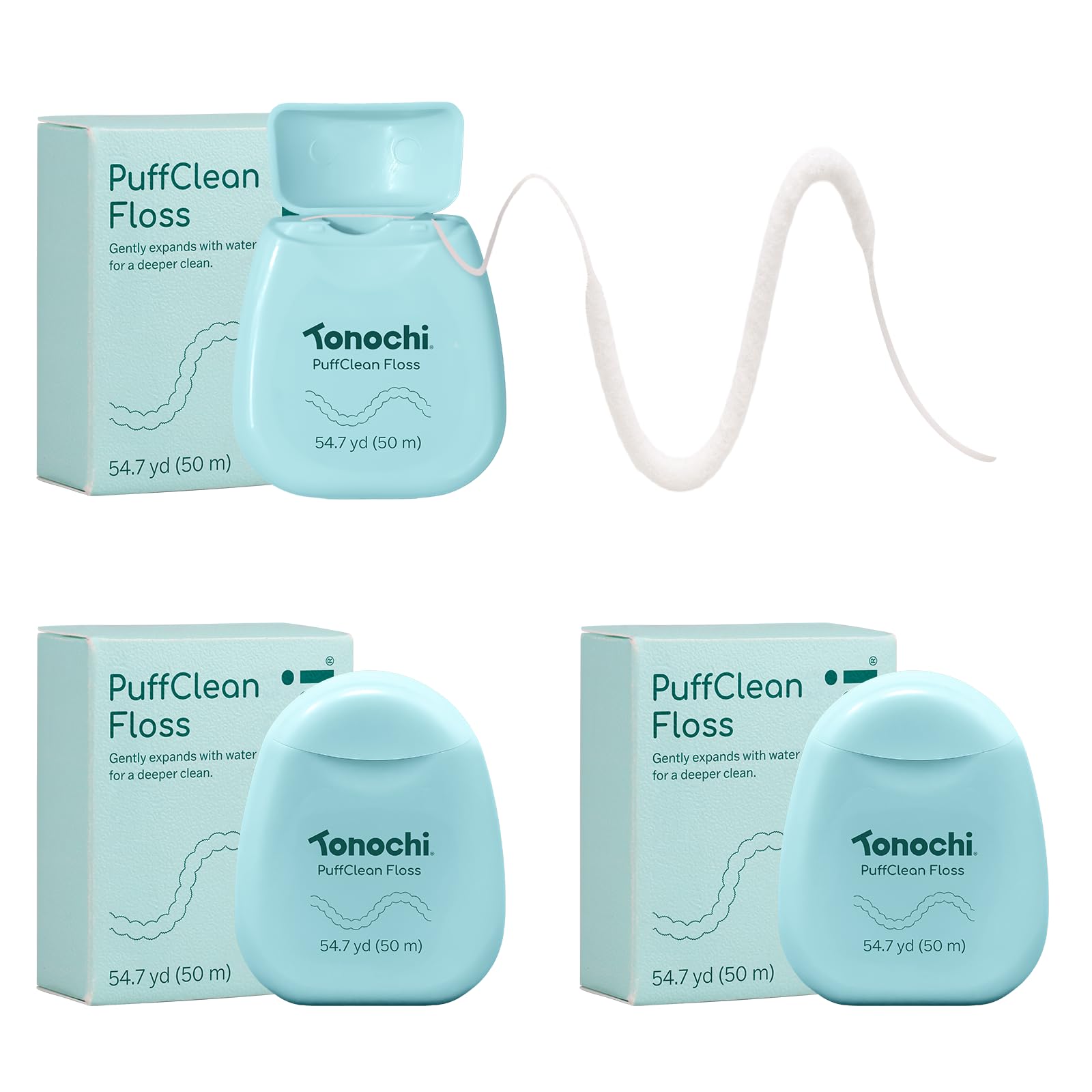 Tonochi PuffClean Expanding Dental Floss with beeswax coating – 55 yd roll