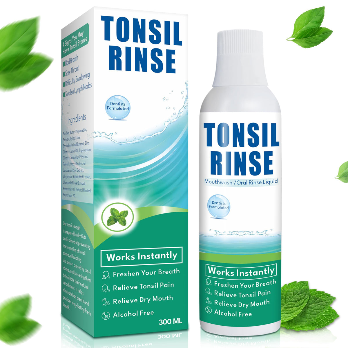 Tonsil Rinse Mouthwash bottle front with mint label