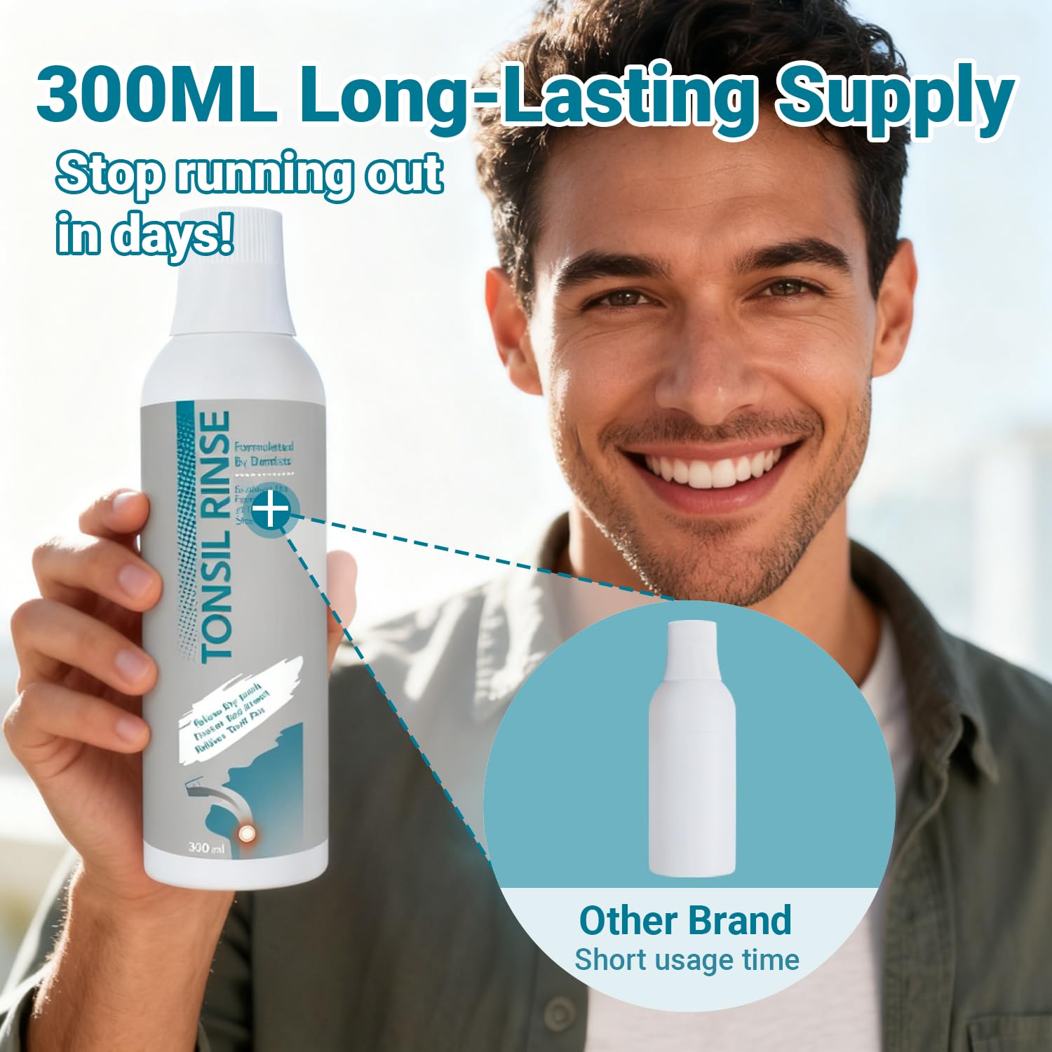 Close-up of Tonsil Stone Remover Mouthwash bottle and label