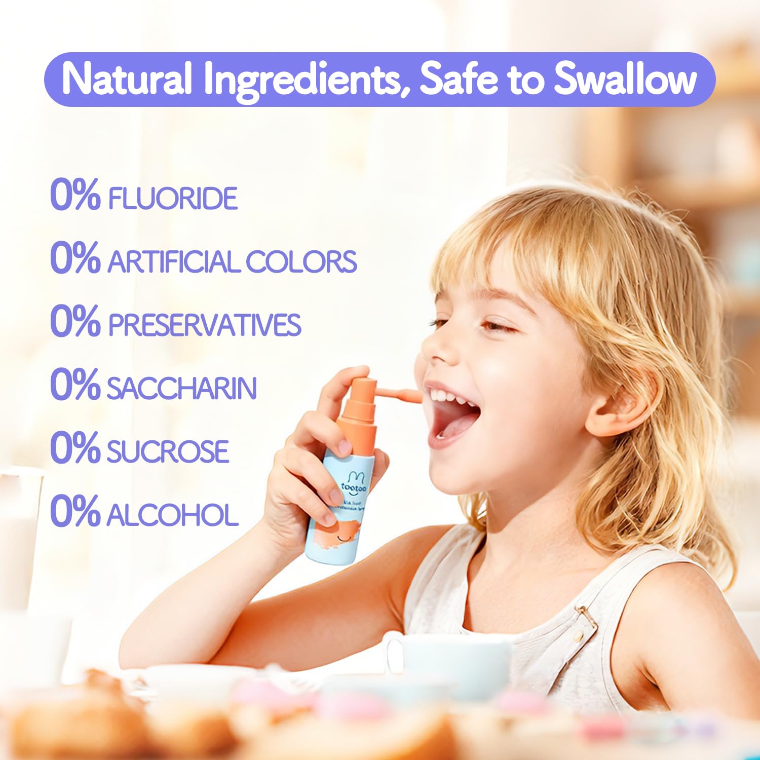 Child-friendly no-rinse spray being applied to teeth
