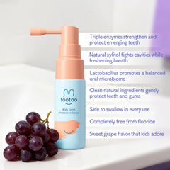 Packaging showing fluoride-free claim and grape-flavored kids spray