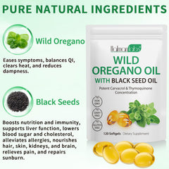 Gluten-free and non-GMO icons on packaging for Tooffi oregano oil softgels