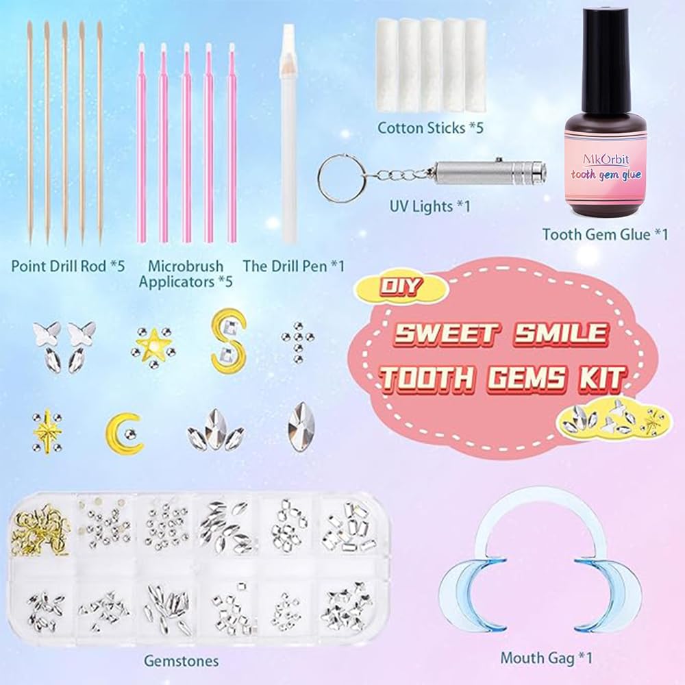 Packaging and contents of the tooth gems starter kit