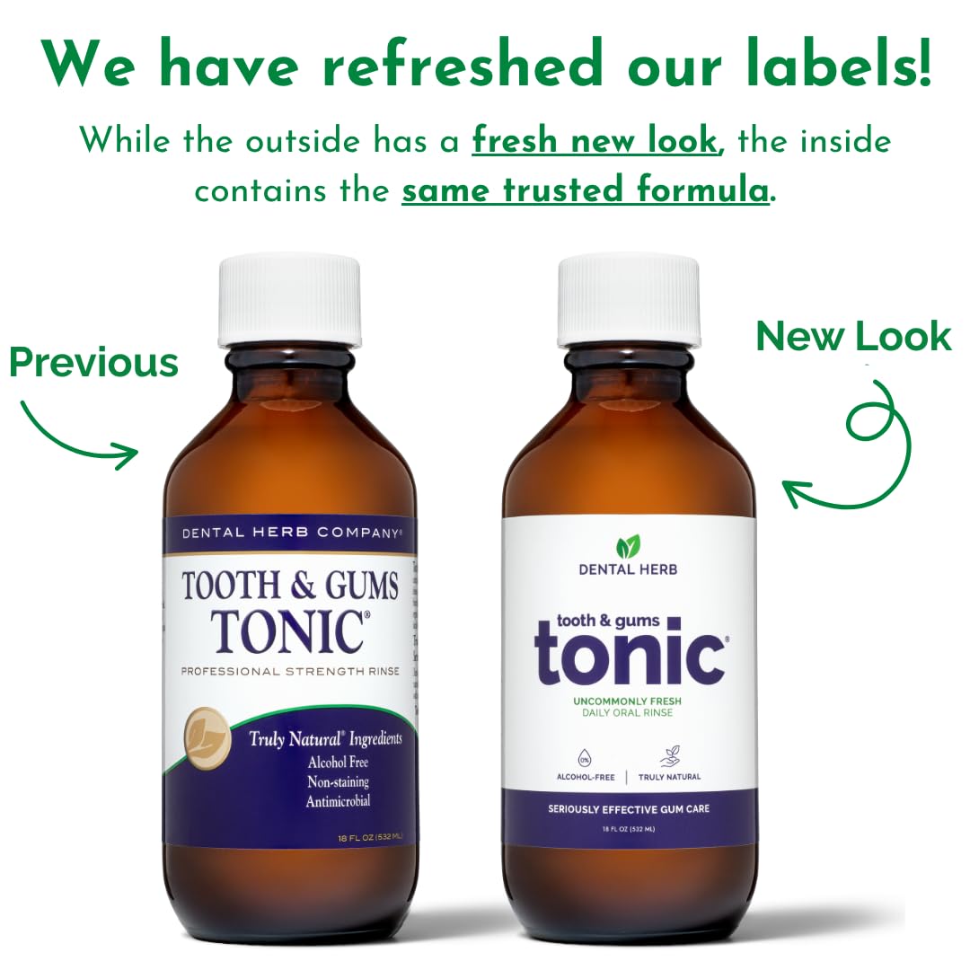 Close-up of Tooth & Gums Tonic bottle with label
