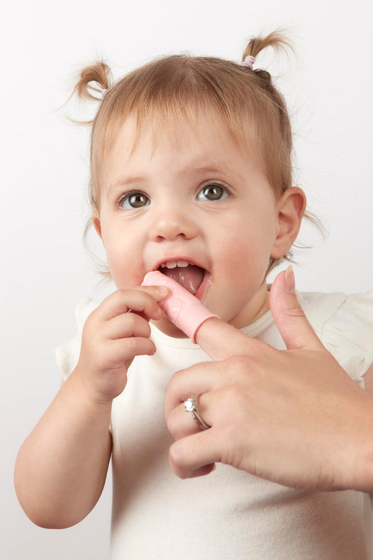 Close-up of soft silicone bristles on the Tooth Keri baby finger brush.