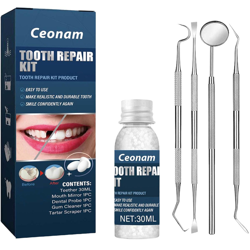Ceonam Tooth Repair Kit contents arranged: 30ml moldable bead, mirror, and cleaners