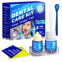 Tooth Repair Kit packaging with powder, liquid, and tools