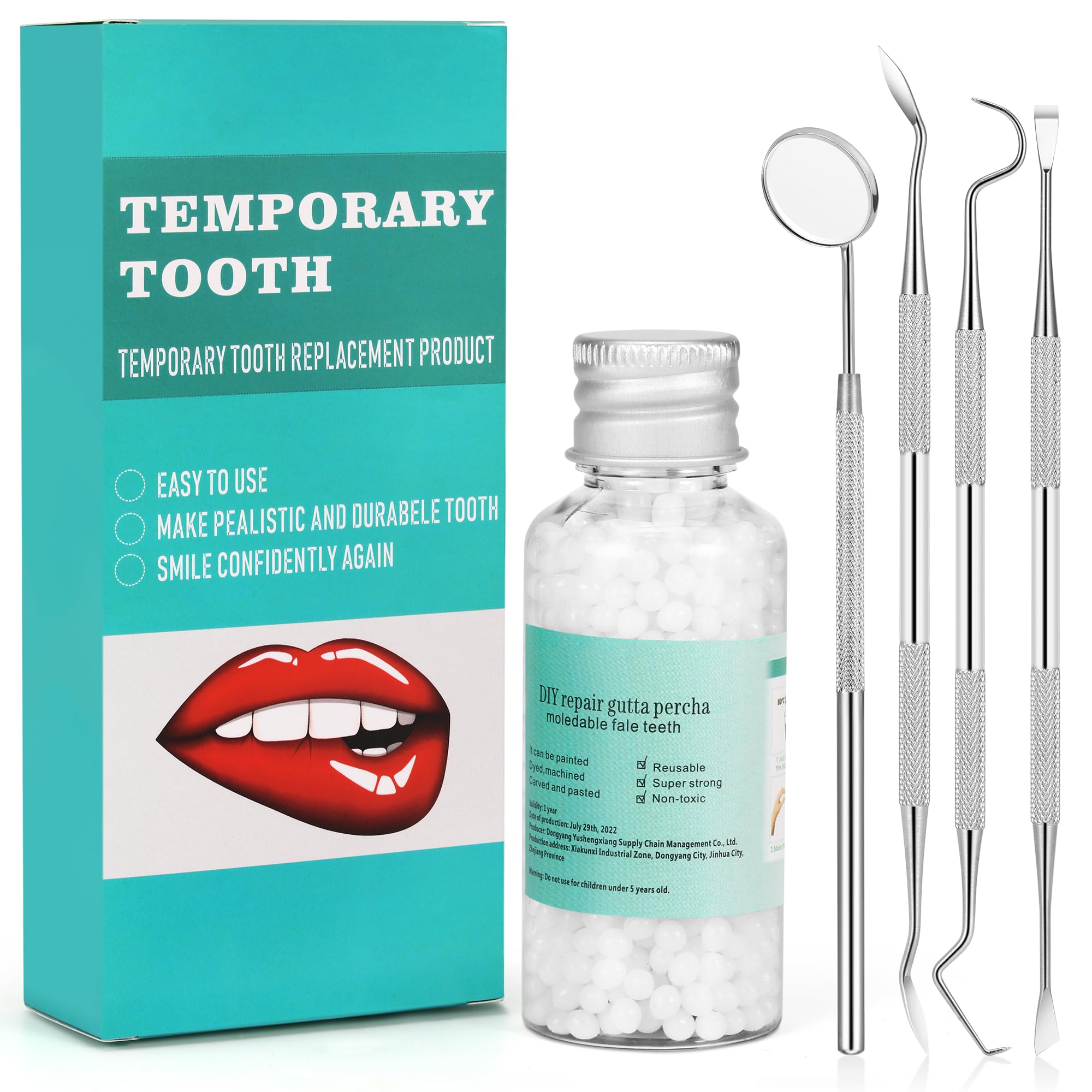 Tooth Repair Kit packaging with four dental tools
