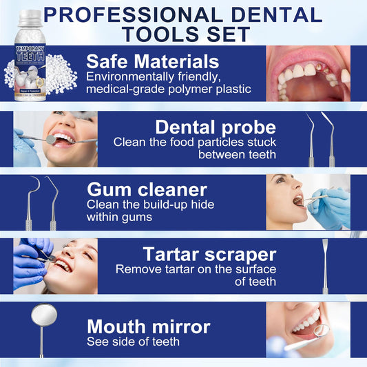 Arrangement of 30ml tooth beads and dental tools