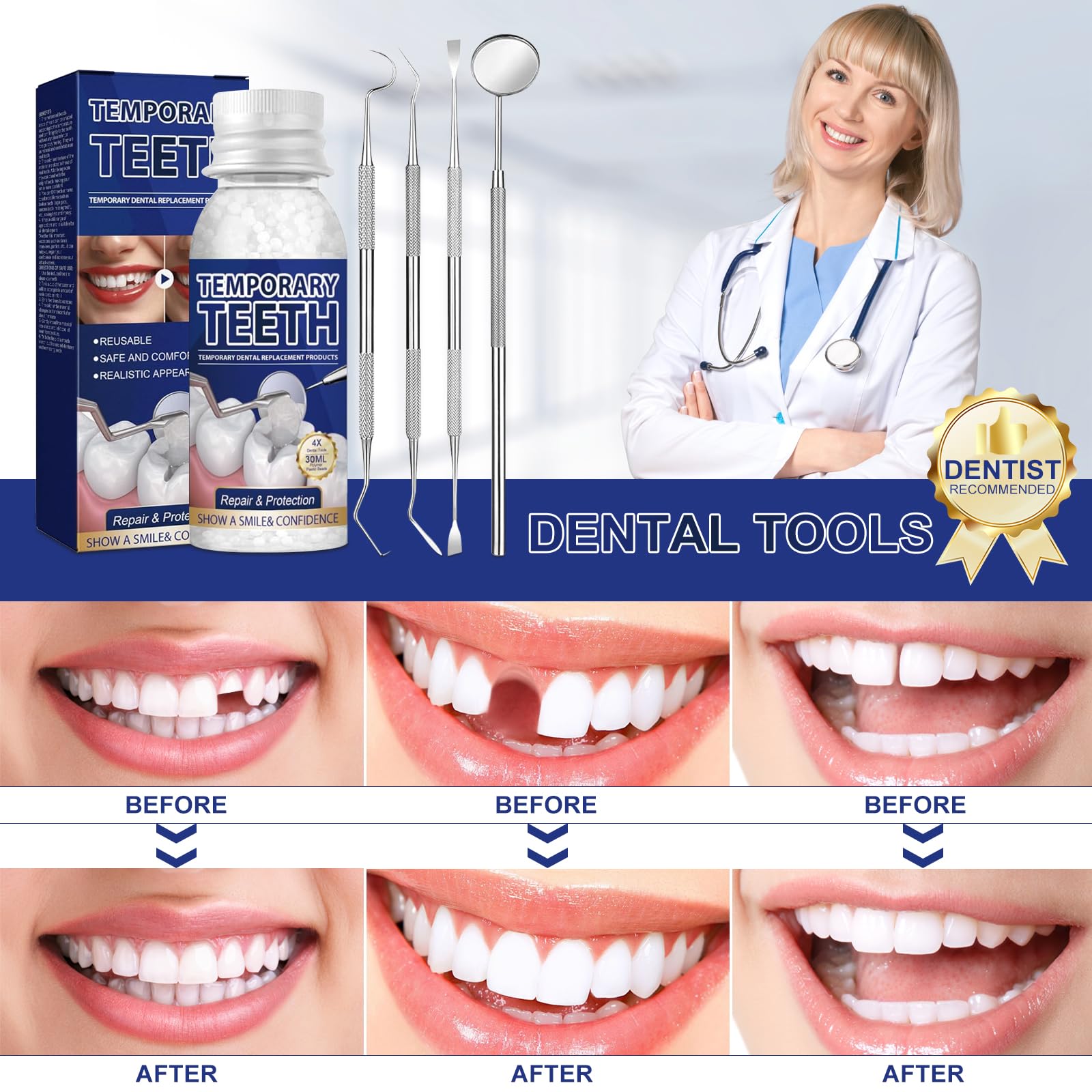 Smiling person with temporary tooth restoration using the kit