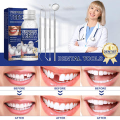 Smiling person with temporary tooth restoration using the kit