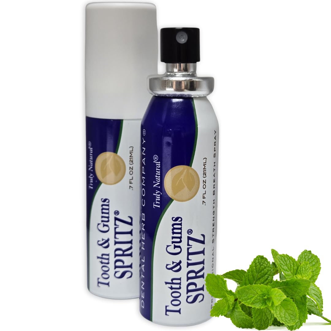 Tooth & Gums Spritz bottle with clear label on white background