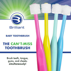 Close-up of ultra-soft bristles on mint green baby toothbrush