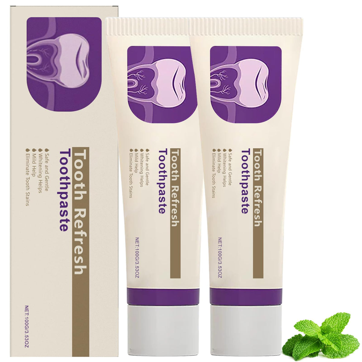 Two Tooth Refresh Toothpaste tubes with packaging on white background