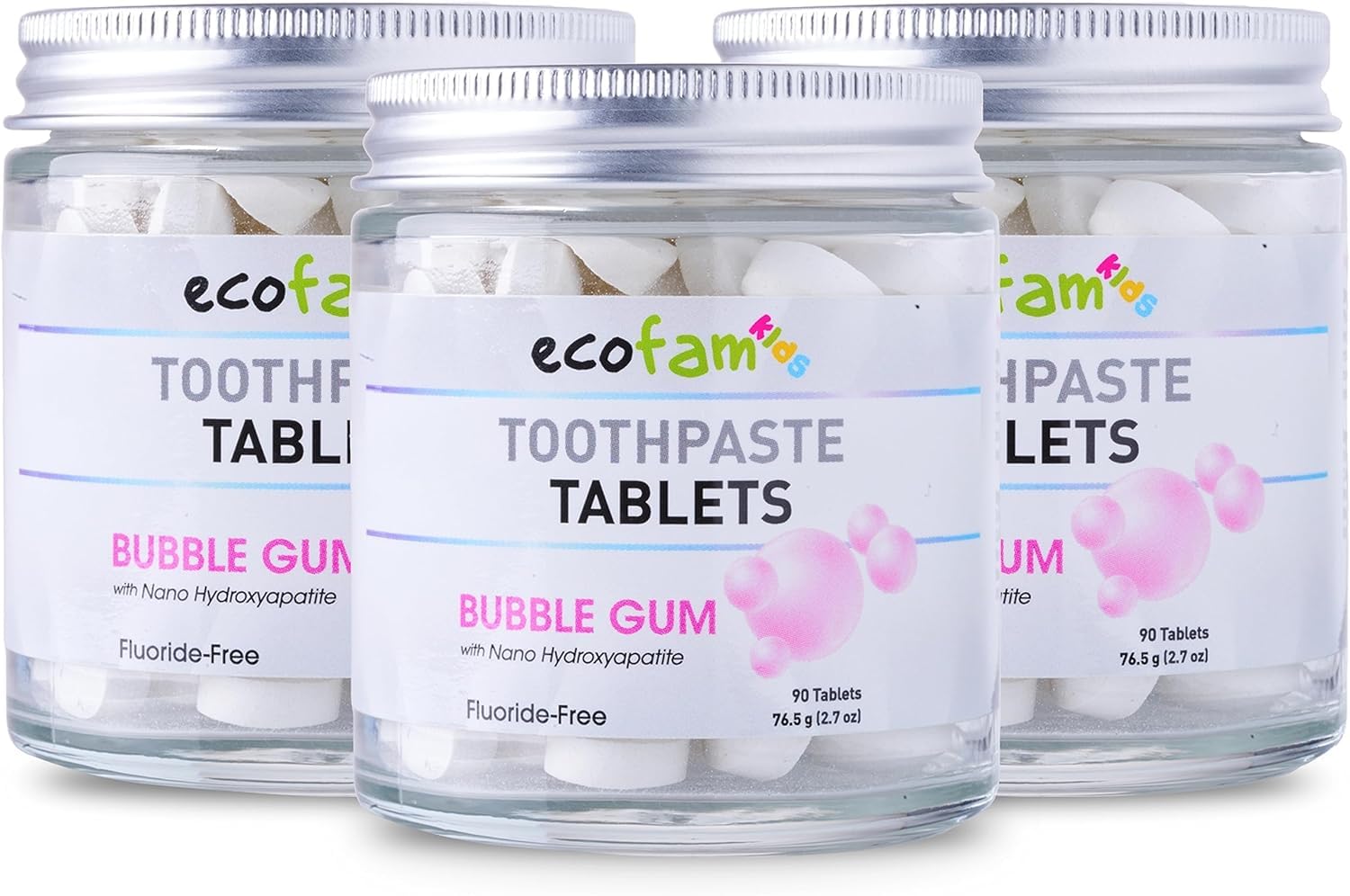 Bubblegum flavor nano hydroxyapatite toothpaste tablets in a glass jar