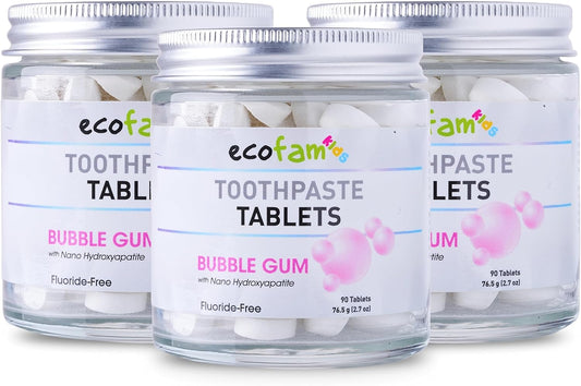 Bubblegum flavor nano hydroxyapatite toothpaste tablets in a glass jar