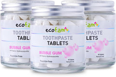 Bubblegum flavor nano hydroxyapatite toothpaste tablets in a glass jar