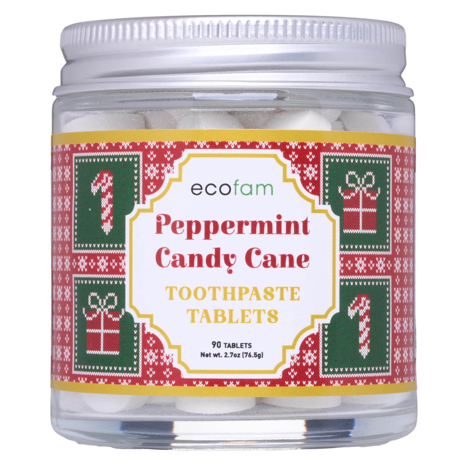 Candy Cane toothpaste tablets front view in glass jar