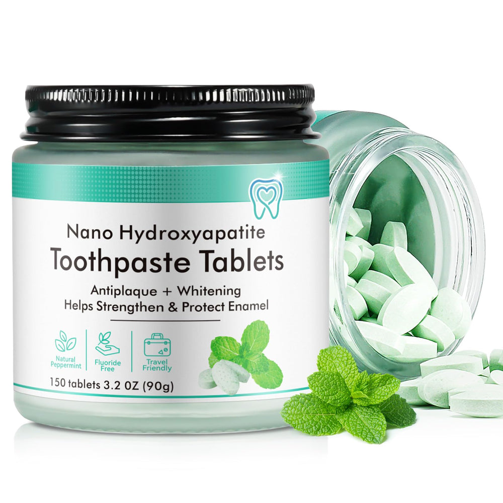 Hydroxyapatite toothpaste tablets packaging showing product name