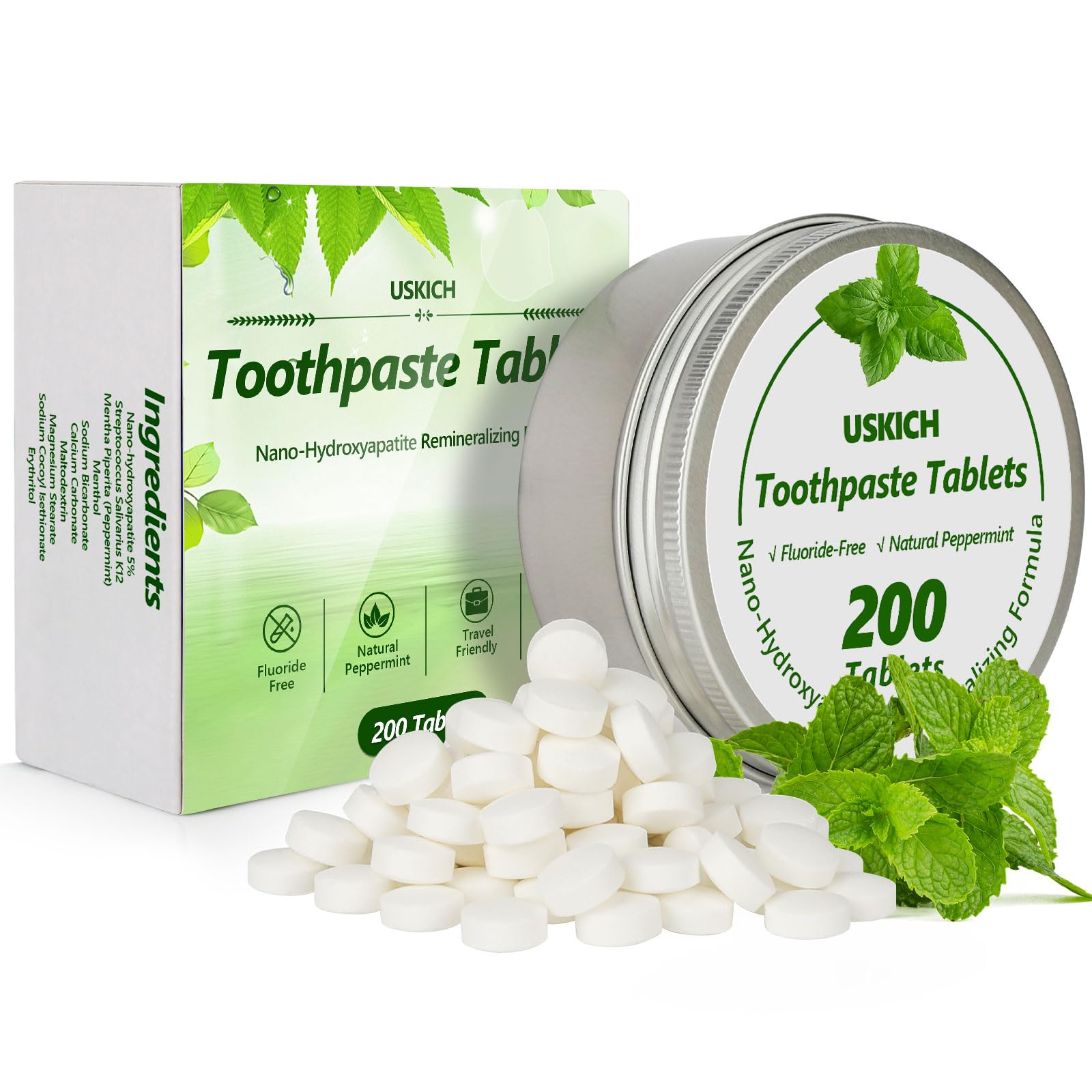 Close-up of nano hydroxyapatite toothpaste tablet