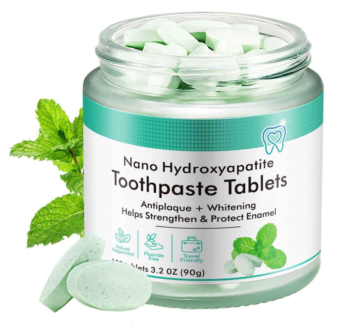 Packshot: natural peppermint hydroxyapatite toothpaste tablets (150 tabs)