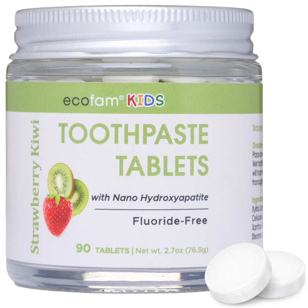 Strawberry Kiwi toothpaste tablets in glass jar