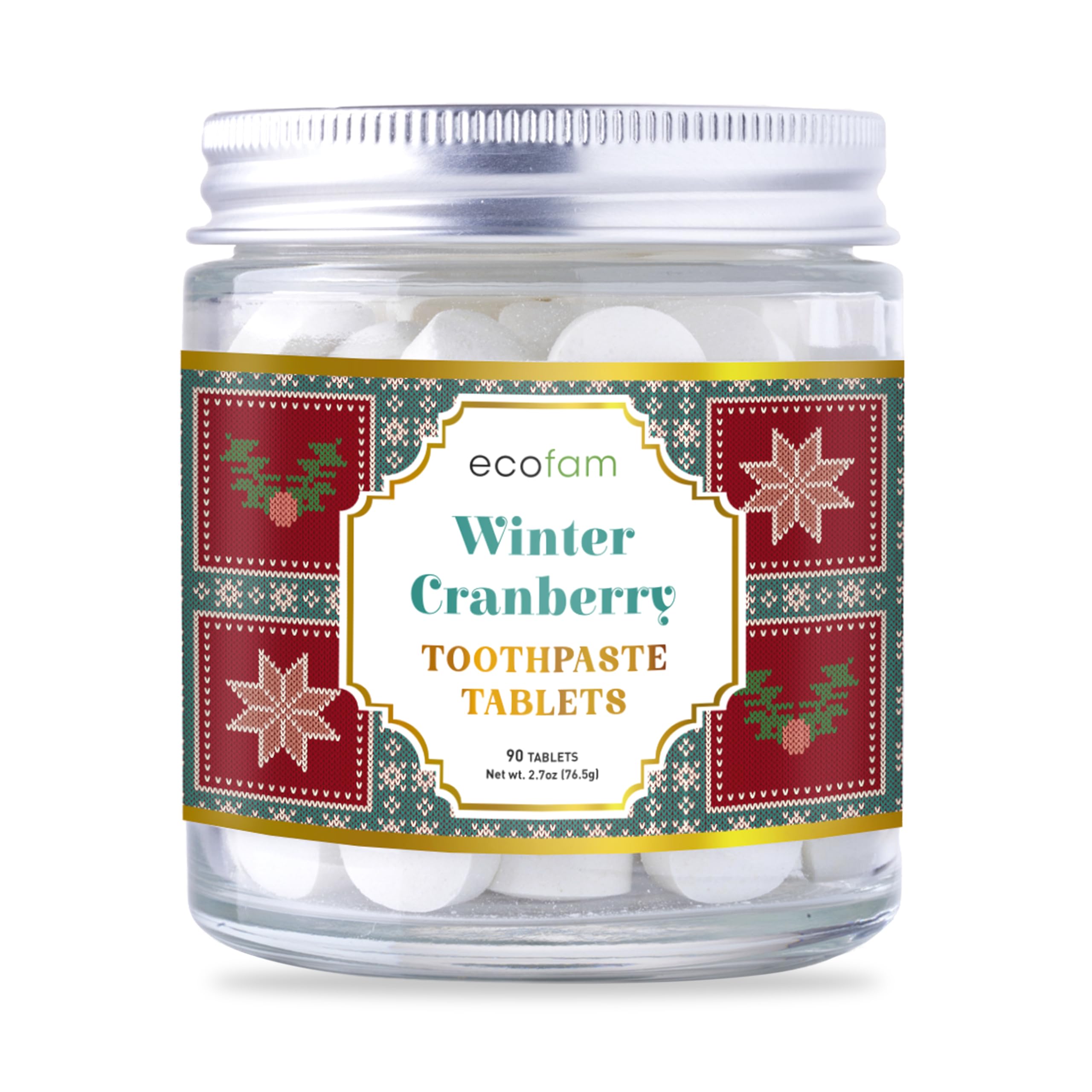 Ecofam Winter Cranberry toothpaste tablets in a reusable glass jar