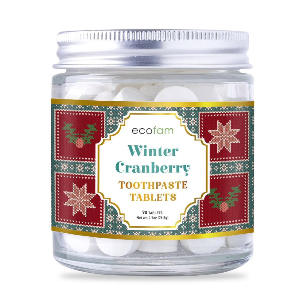 Ecofam Winter Cranberry toothpaste tablets in a reusable glass jar