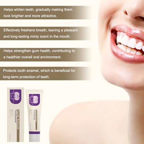 Close-up of Tooth Refresh toothpaste tube with fresh breath design