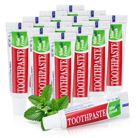 Travel size toothpaste tubes 0.176 oz each in white packaging