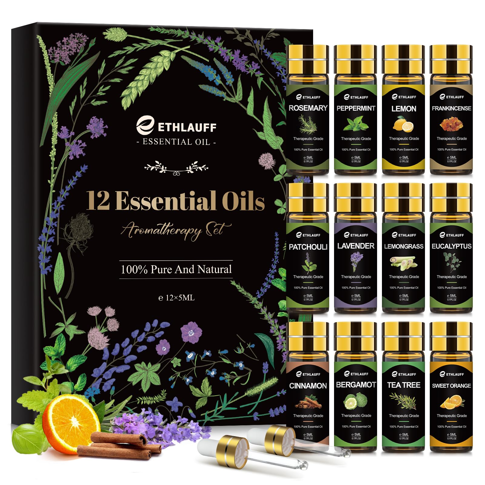 Top 12 essential oils set lineup with labeled bottles