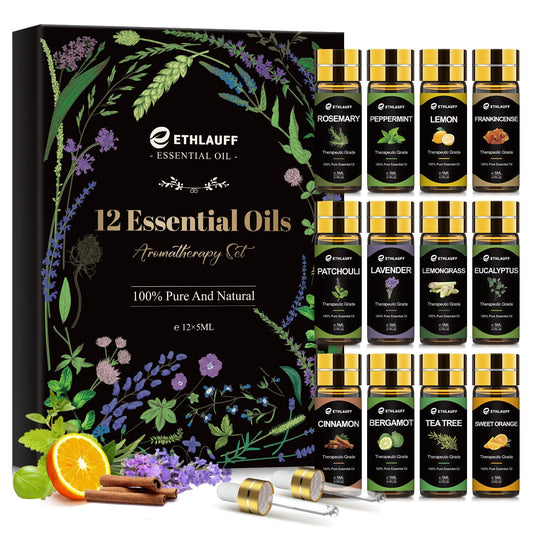 Top 12 essential oils set lineup with labeled bottles