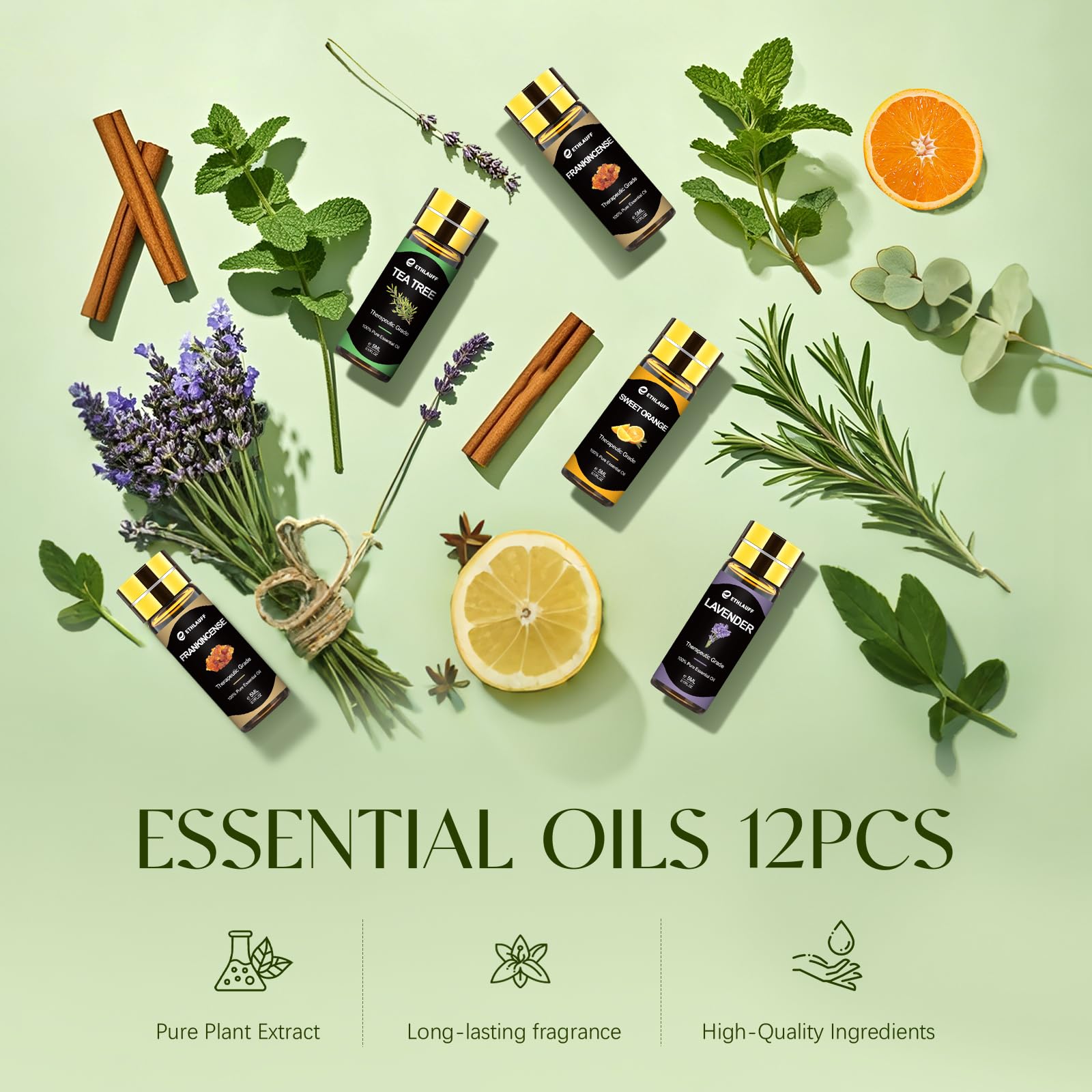 Rosemary, frankincense, and lemon essential oils shown