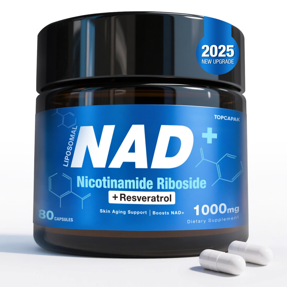 TOPCAPAK NAD 1000mg NR + Resveratrol bottle label